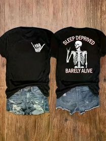 Women'S Personalized T-Shirt with "Sleep Shortage Survival", Front Gesture And Back Skull, Quirky Personality, (Color: Black, size: M)