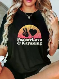 Peace and Love with Kayaking Pattern T-Shirt for Ladies - Bright peace symbol and heart design, casual short-sleeve T-shirt (Color: Black, size: M)