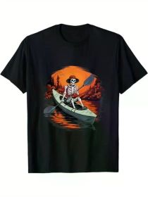 Canoe Skeleton Funny Kayaking Canoeing Halloween Kayaker T-Shirt, 100% Cotton, Halloween Thanksgiving Christmas Gift (Color: Black, size: XL)